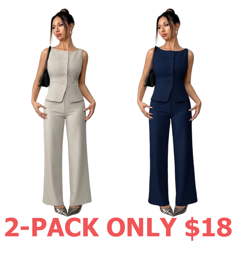 Women's Solid Button Front Tank Top & Wide Leg Pants Set