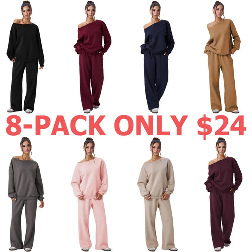 Women's Leisure Solid Color Sloping Shoulder Long Sleeve Top & Wide Leg Trousers Co-ord