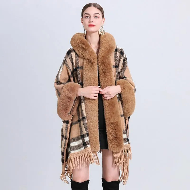 Women's Poncho With a Hoodie and Fringes