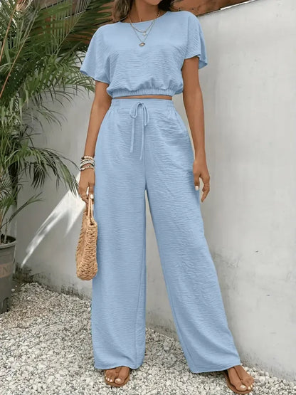 Women's Solid Color Fitted Top & Wide Leg Pants Two-piece Set
