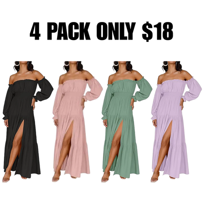 Women's Boho Off Shoulder Long Sleeve High Waist Side Split Long Maxi Dress