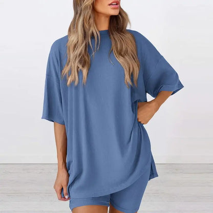 Women's Summer Two-Piece Set 2025 Casual Oversized Crewneck Split Hem Shirts & Side Pocket Biker Shorts Minimalist Lounge Wear Soft Viscose Fabric Comfy Homewear Cozy Pjs