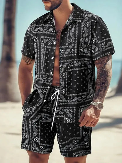 Men's All-Over Print Shirt & Shorts Set Casual Button Collar, Drawstring Waist, Tropical Summer