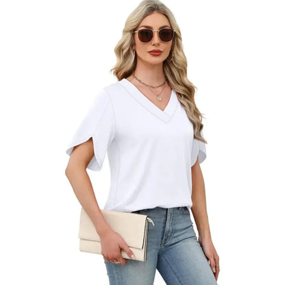 FASHION Womens Summer Tops Short Petal Sleeve Shirts V Neck Outfits Clothes