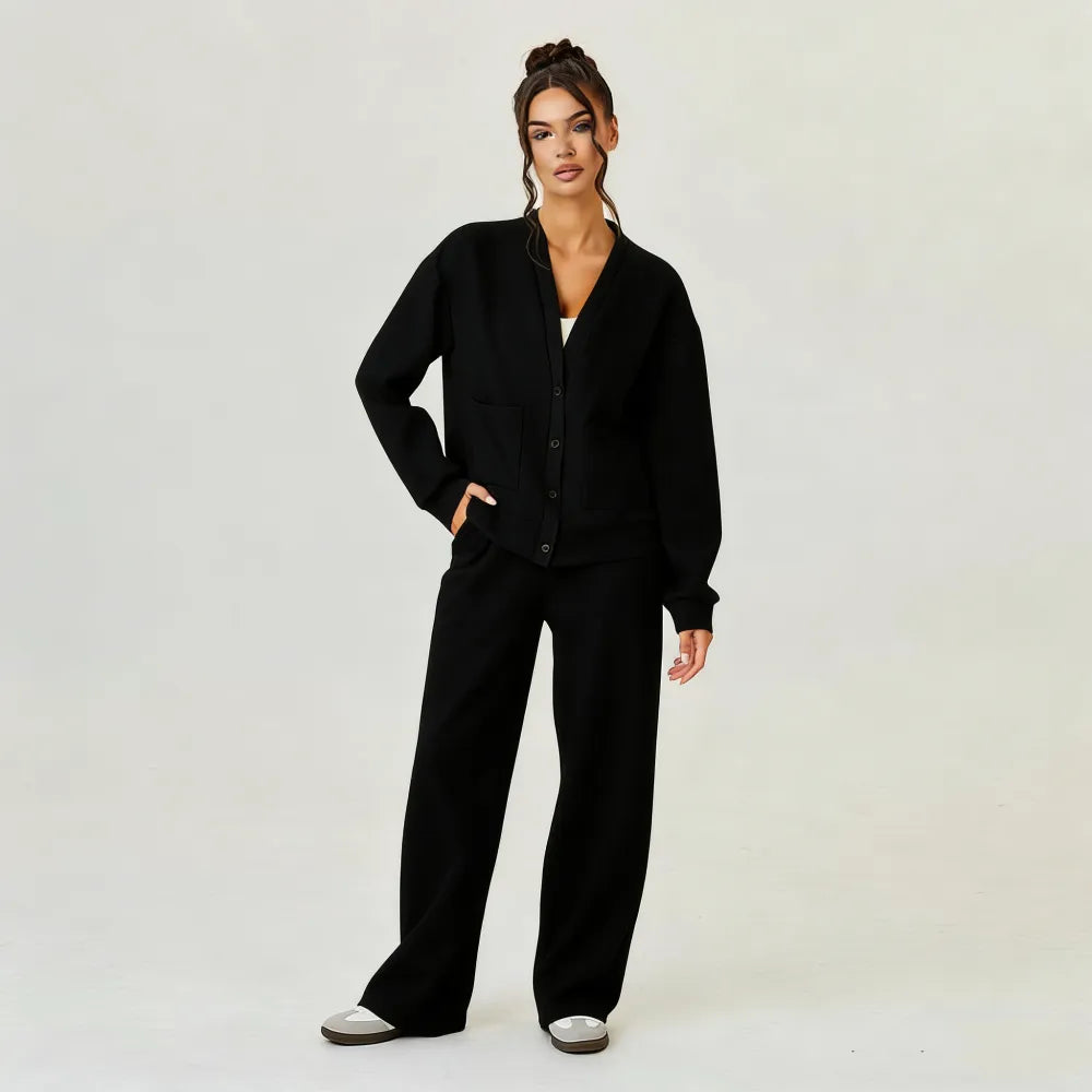 Women's Slouchy Solid Color V Neck Long Sleeve Button Cardigan & Drawstring Waist Trousers Co-ord