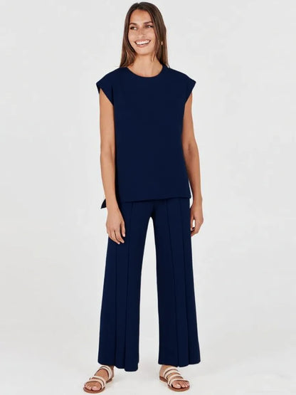 Summer 2 Piece Sets Women Vacation Basic Crewneck Wide Leg Lounge Outfits Sleeveless Outdoor Matching Sets Casual Comfort Plus size sets Minimalist Suits