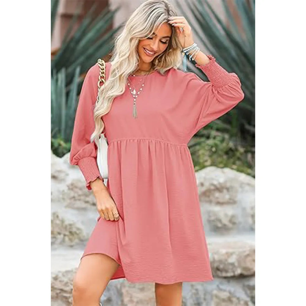 Women's Black Crew Neck Short Sleeve Flowy Swing Mini Tunic Dress