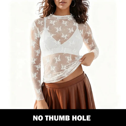 Women‘s Mesh Tops Lace Spring Long Sleeve Shirts