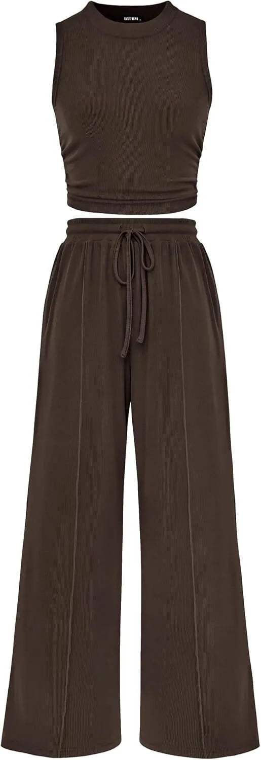 Women Summer 2 Piece Outfits 2026 Beach Crew Neck Sleeveless Cropped Top Elastic Waist Wide Leg Pants Lounge Set