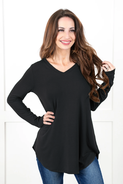 Long Sleeve V-Neck Round Hem Top (Multiple Colors)