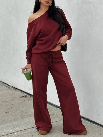 Women Off the Shoulder Long Sleeve Jumper & Pants 2 Piece Set Casual Fall Sweatsuit Outfits Jumper Suit