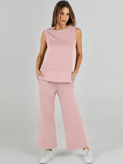 Women's 2 Piece Sets Summer Outfits Sleeveless Wide Leg Tracksuits Casual Sweat Sets Lounge Sweatsuits