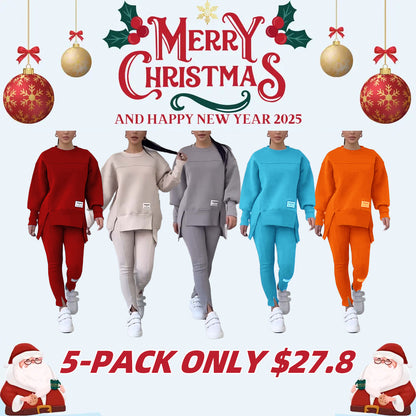 🎉Christmas Deals🎉Women's Casual Solid Color Round Neck Long Sleeve Slit Hem Sweatshirt Leggings Set