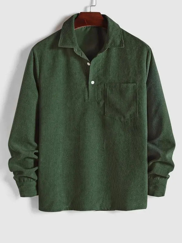 Men's Plain Pocket Half Button Corduroy Shirt