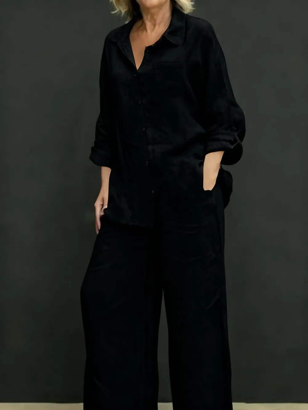 Women's Solid Color Shirt & Wide Leg Pants Set