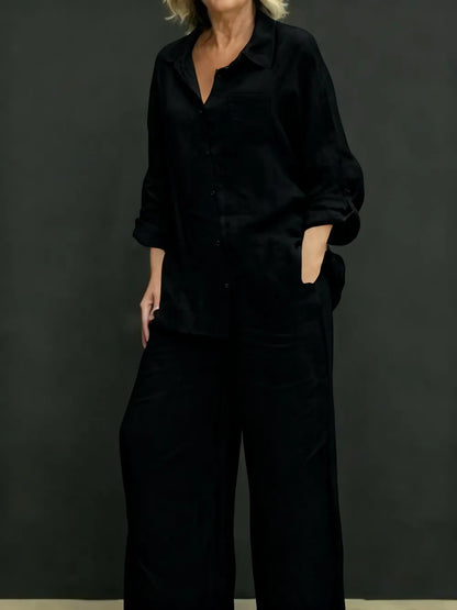 Women's Solid Color Shirt & Wide Leg Pants Set