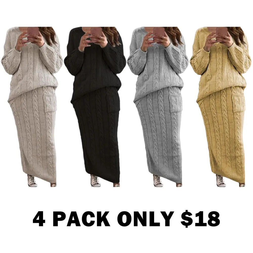 Women's Winter Chunky Cable Knit Long Skirt 2 Piece Sweater Sets