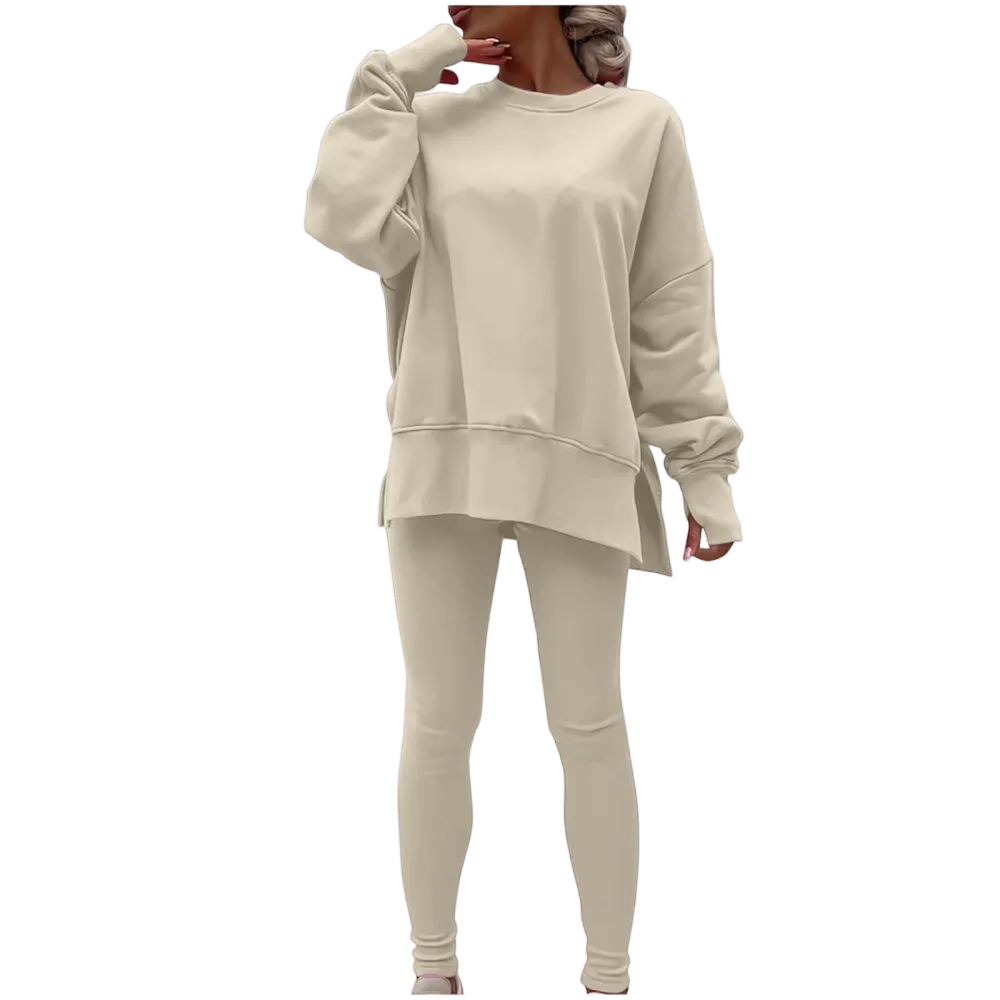 Women's Fashionable Solid Color Casual Long Sleeved Round Neck Hoodie Top Stripe Pants Set