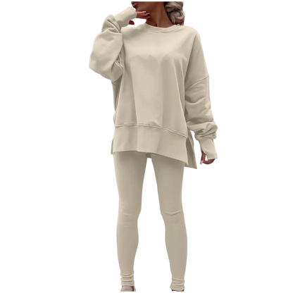 Women's Fashionable Solid Color Casual Long Sleeved Round Neck Hoodie Top Stripe Pants Set