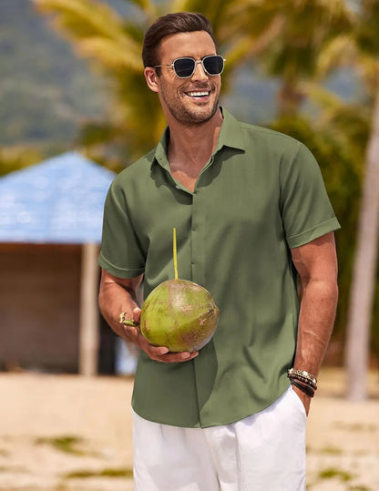 Men's Linen Shirts Short Sleeve Casual Shirts Button Down Shirt for Men Beach Summer Wedding Shirt