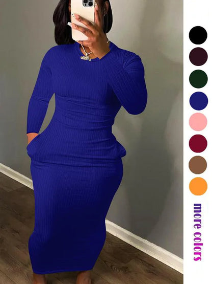 Women's Solid Pocket Long Sleeve Bodycon Dress