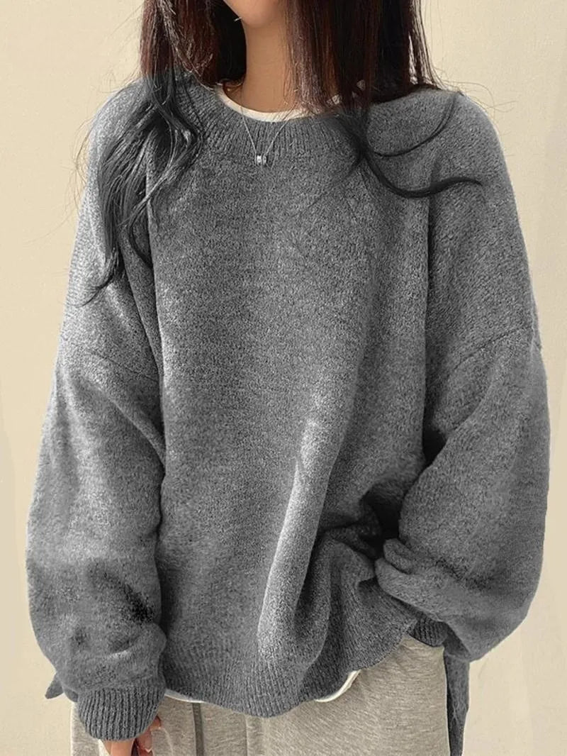 Women's Drop Shoulder Split Hem Sweater, Chic Casual Long Sleeve Round Neck Jumper