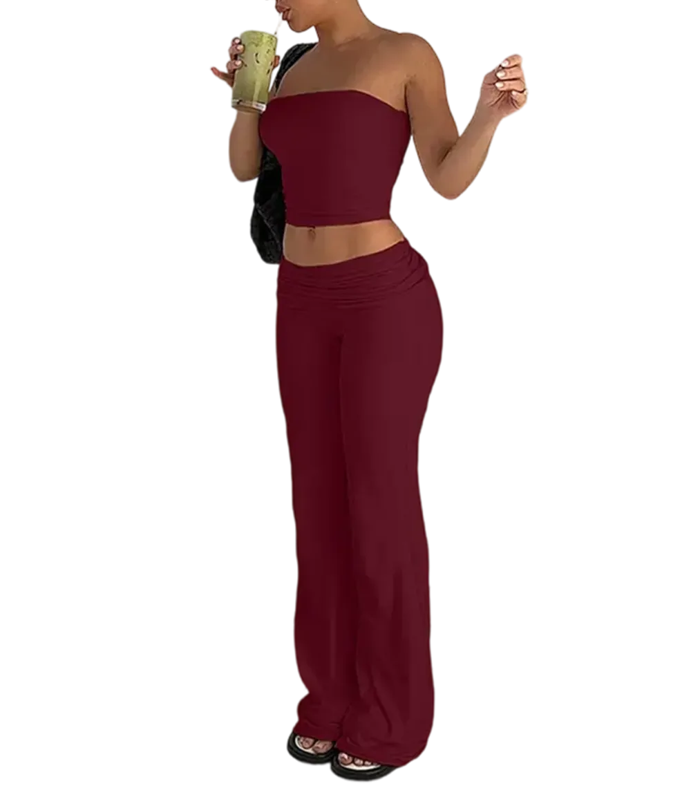 A two-piece set consisting of a cropped bandeau top and wide-leg pants.