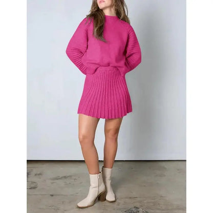Women's 2 Piece Outfits 2025 Long Sleeve Mock Neck Ribbed Sweaters And Mini Skirt Two Piece Sets