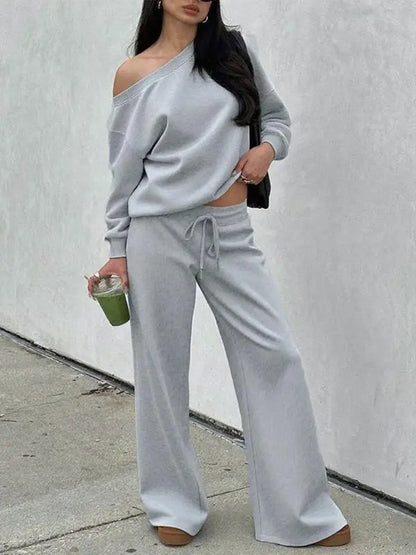 Women Off the Shoulder Long Sleeve Jumper & Pants 2 Piece Set Casual Fall Sweatsuit Outfits Jumper Suit