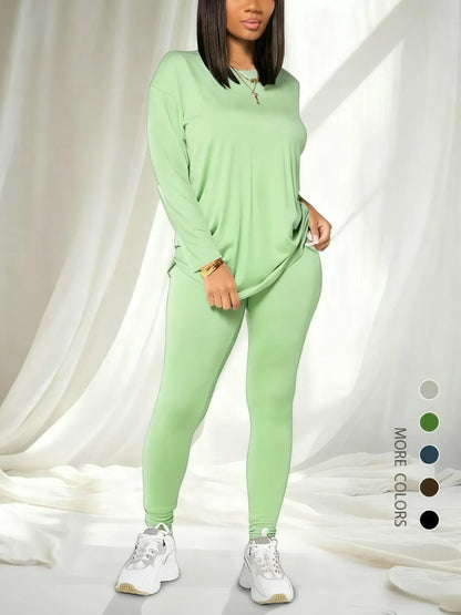 Women's Solid Drop Shoulder Tee & Elastic Waist Skinny Pants Two-piece Set