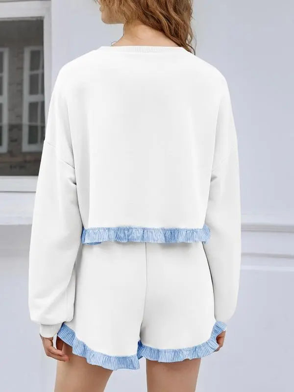 Women's 2 Piece Lounge Sets Ruffle Color Block Cropped Sweatshirts Casual Drawstring Shorts Fall Loose Sweatsuits