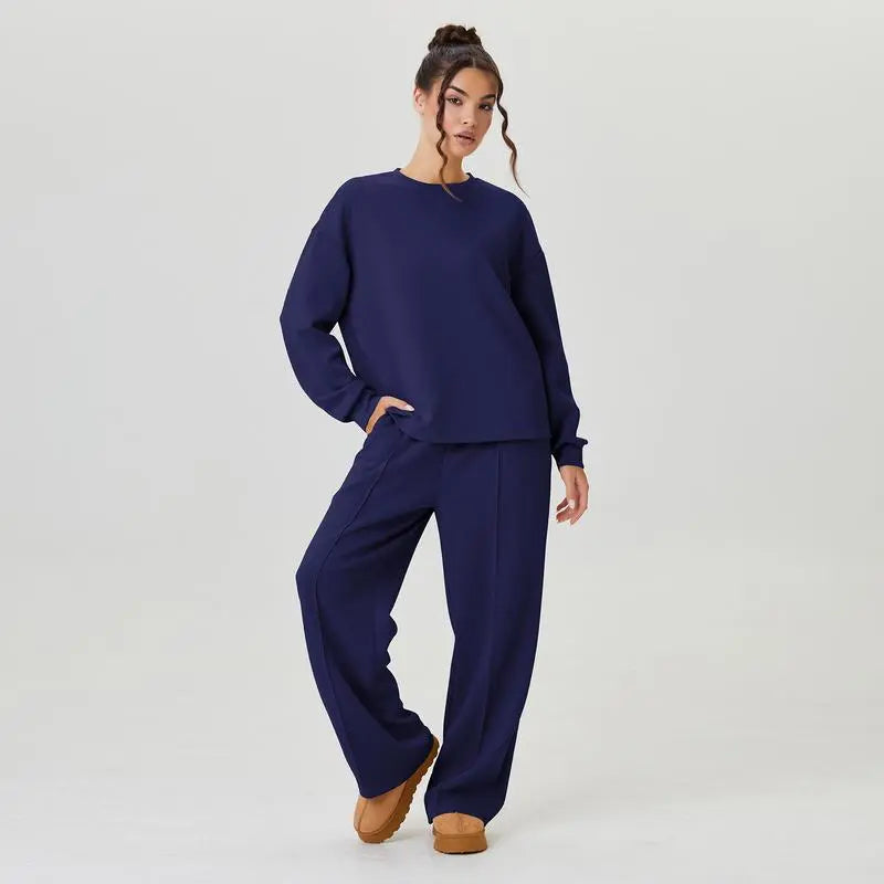 Women's Cozy Round Neck Top & Wide Leg Trousers Two Piece Outfits