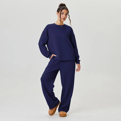 Women's Cozy Round Neck Top & Wide Leg Trousers Two Piece Outfits
