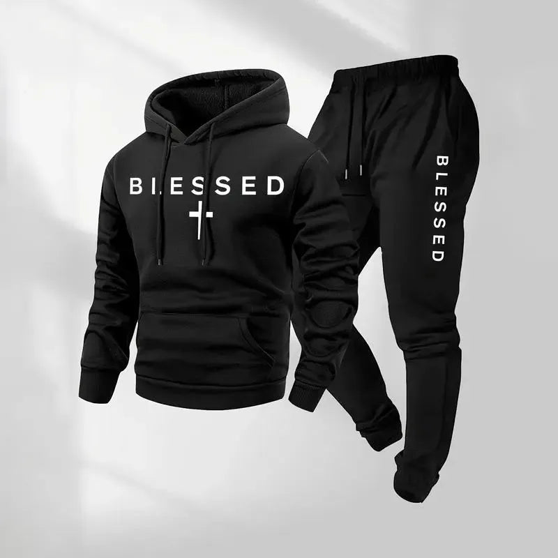 Blessed Cross Letter Print Hoodie & Drawstring Sweatpants Set