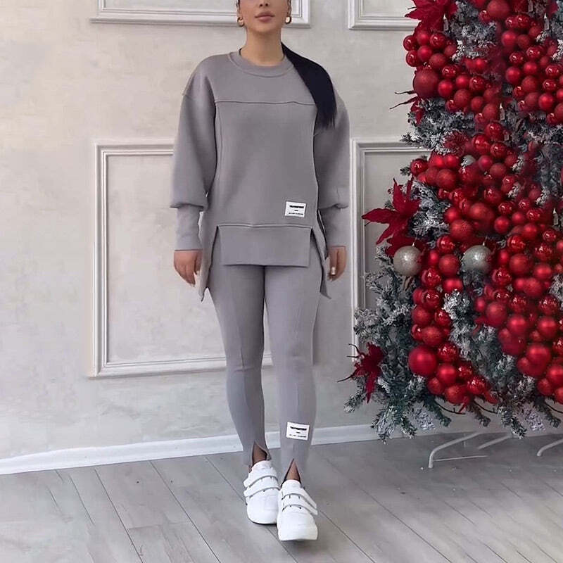 🎉Christmas Deals🎉Women's Casual Solid Color Round Neck Long Sleeve Slit Hem Sweatshirt Leggings Set