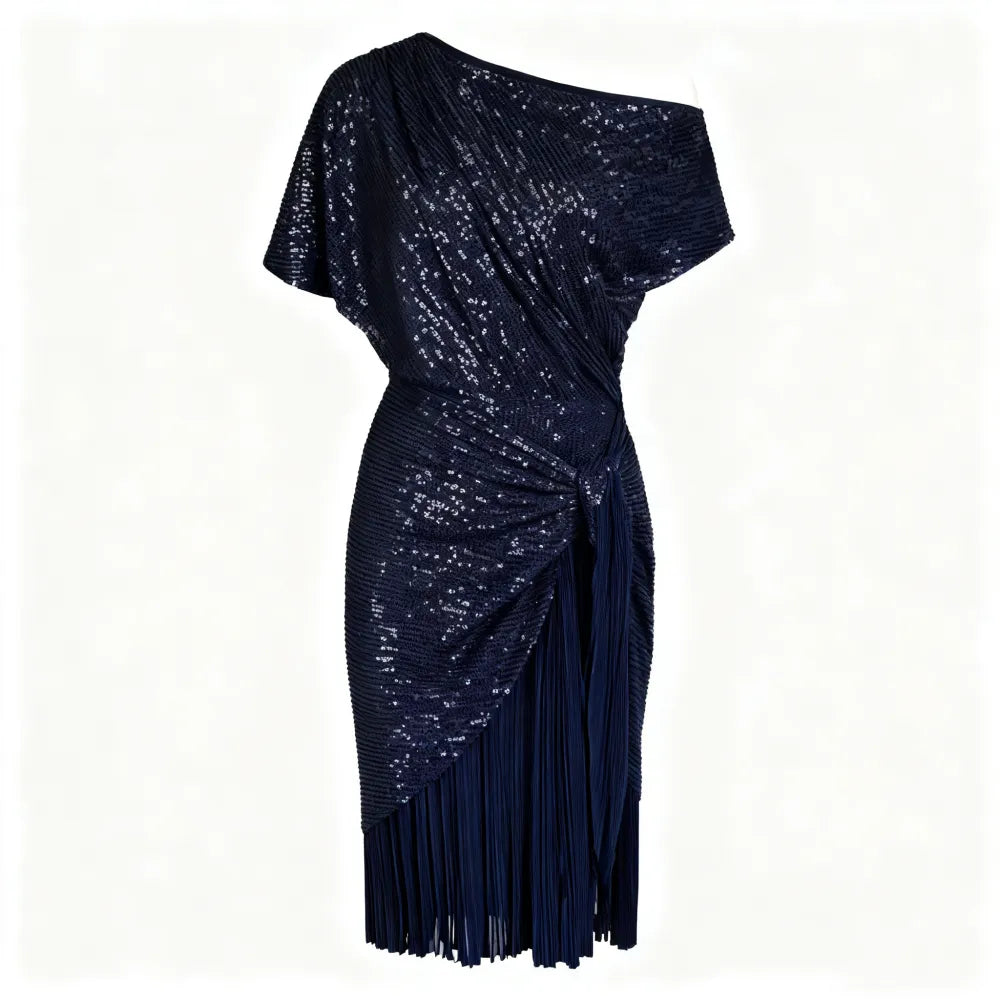 Women Sequined Party Dress Short Sleeve Asymmetric Off Shoulder Bodycon Dress