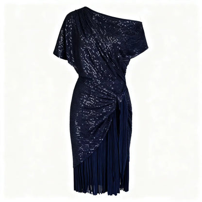 Women Sequined Party Dress Short Sleeve Asymmetric Off Shoulder Bodycon Dress