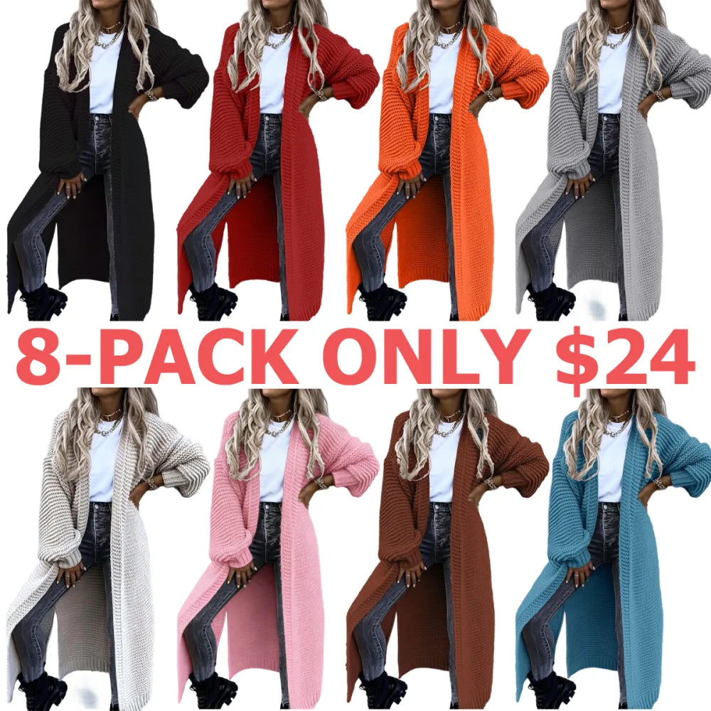 Women's Solid Split Hem Bishop Sleeve Open Front Longline Cardigan, Knit Clothing for Daily Wear, Womenswear