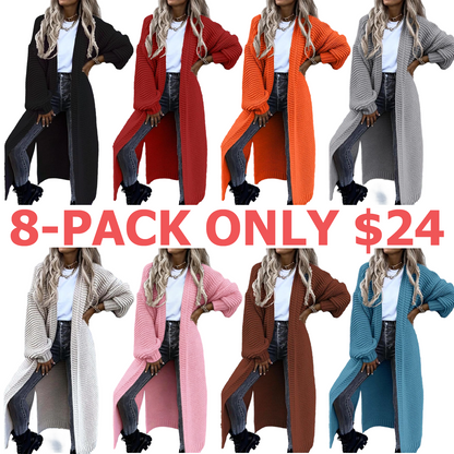 Women's Solid Split Hem Bishop Sleeve Open Front Longline Cardigan, Knit Clothing for Daily Wear, Womenswear
