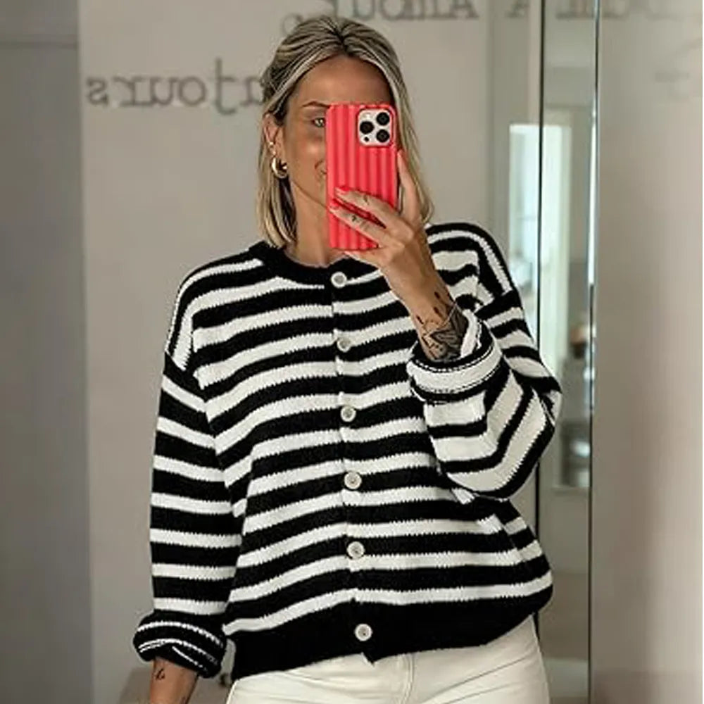 Women's striped button-up cardigan sweater