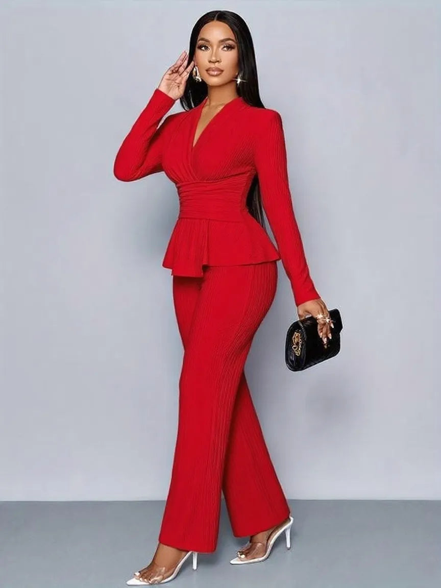 Women's Solid-Color Elegant V-Neck Long-Sleeve and Wide-Leg Pants Set