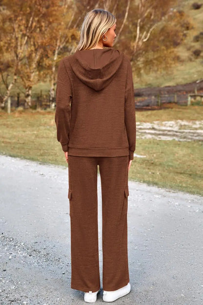 Womens Fall Outfit 2-Piece Knitted Sets Hoodie Tracksuits Wide Leg Pants With Pocket And DrawString Long Sleeve Hooded Kangoroo Pocket Tops Knitwear Sporty Loungwear, Womenswear Travel Outfit