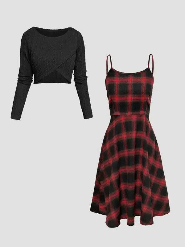 Women's Long Sleeve Crop Top & Plaid Print A-Line Dress Set