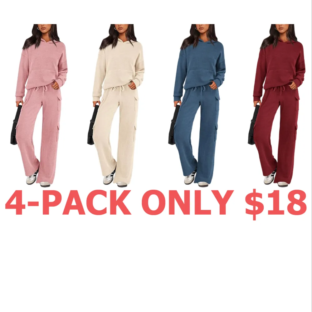 Womens Fall Outfit 2-Piece Knitted Sets Hoodie Tracksuits Wide Leg Pants With Pocket And DrawString Long Sleeve Hooded Kangoroo Pocket Tops Knitwear Sporty Loungwear, Womenswear Travel Outfit