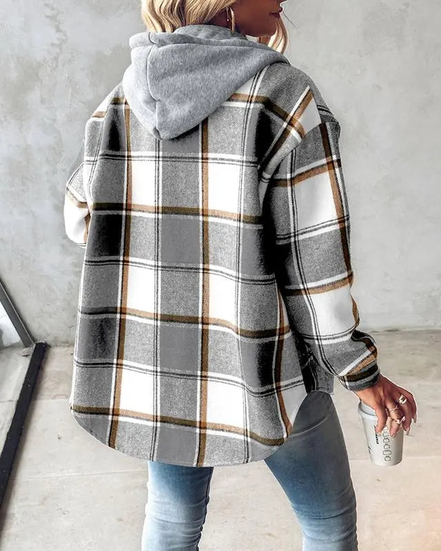 Women's Plaid Pattern Long Sleeve Shacket Button Down Fleece Lined Hooded Jackets Warm Coat Casual Womenswear Comfort Outdoor Soft