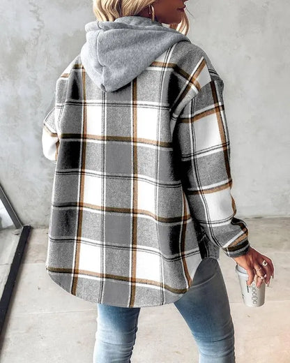 Women's Plaid Pattern Long Sleeve Shacket Button Down Fleece Lined Hooded Jackets Warm Coat Casual Womenswear Comfort Outdoor Soft