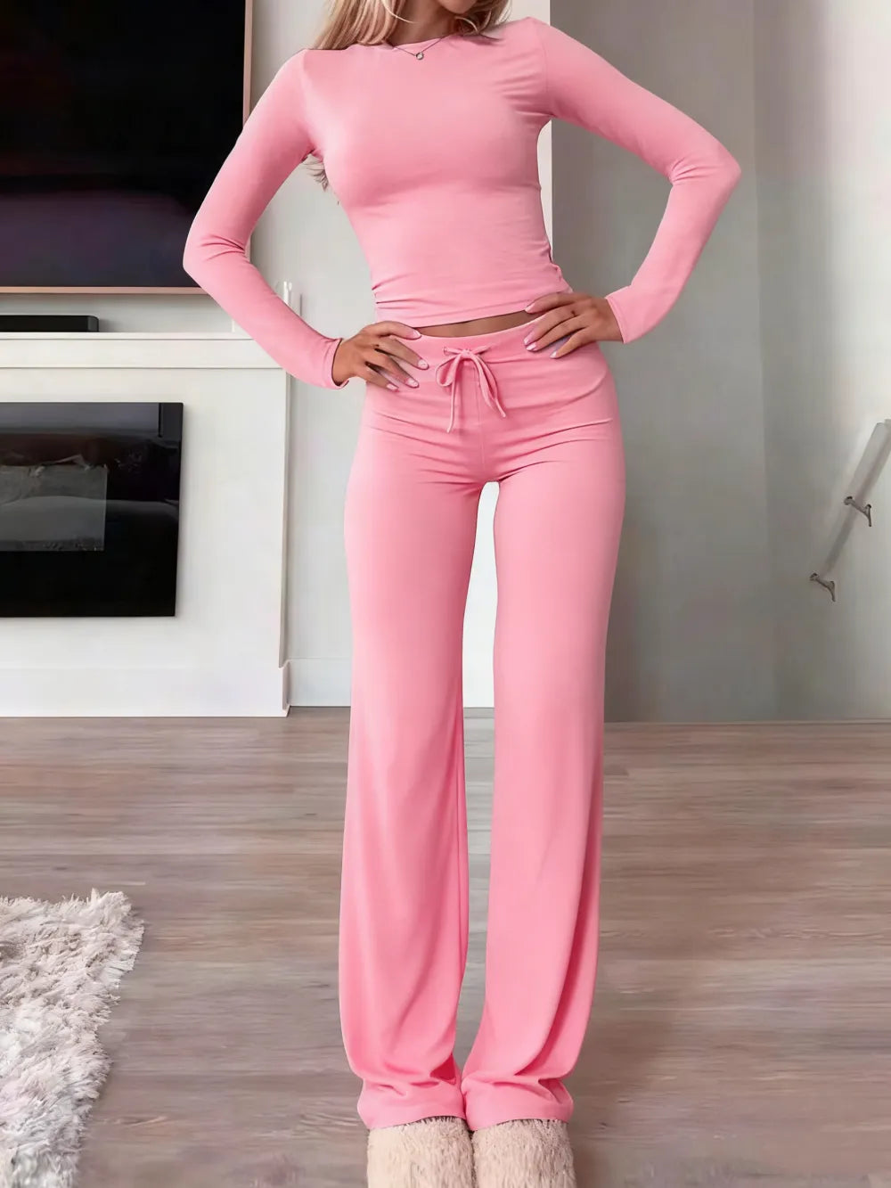 Women's Solid Long Sleeve Crop Top & Drawstring Waist Straight Leg Pants Loungewear Set