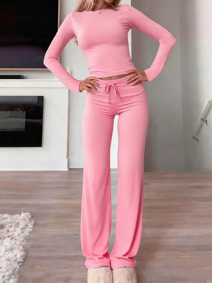 Women's Solid Long Sleeve Crop Top & Drawstring Waist Straight Leg Pants Loungewear Set