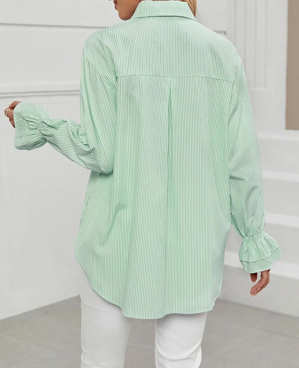 Women's Striped Button Down Shirts Smocked Cuffed Boyfriend Shirt Long Sleeve Blouse Top with 3 Pockets
