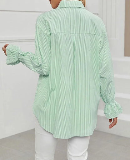 Women's Striped Button Down Shirts Smocked Cuffed Boyfriend Shirt Long Sleeve Blouse Top with 3 Pockets